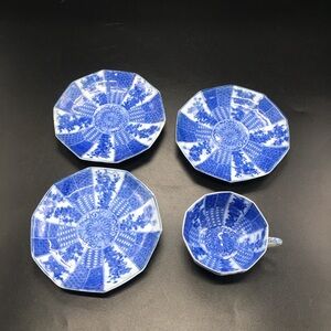 Rare Japanese Seto Ware Meiji Period (1850-1899) Blue & White Teacup & 3 Saucers